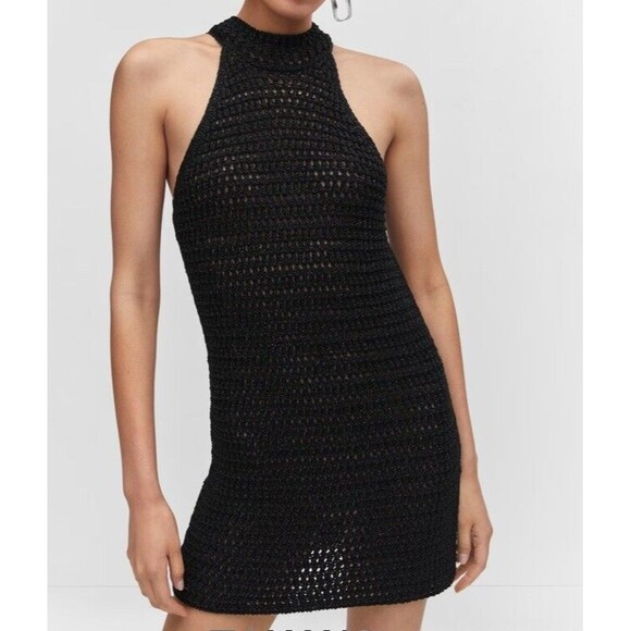 MNG Mango Black Metallic Lurex Halter Neck Mini Dress, Size 4 Bodycon Modern Fit - Picture 1 of 12